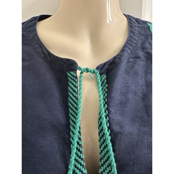J. Crew Women’s Embroidered Boho Linen & Cotton Navy & Green Top Blouse Size‎ 10 - Picture 3 of 13